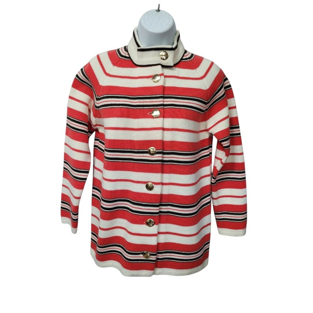 Vintage Full Fashioned Hand Loomed Womens Sweater S/M Coral White Black Stripe - Picture 3 of 14
